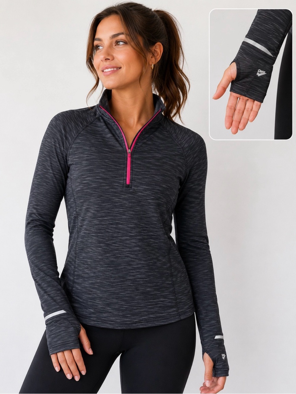 Pony Half-Zip Active Pullover Charcoal & Pink Zip fleece lined thumb holes SZ SM